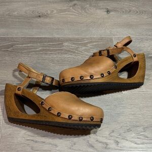 Sanita Brown Leather Wedge Clog Sandal Size 41 (9.5)